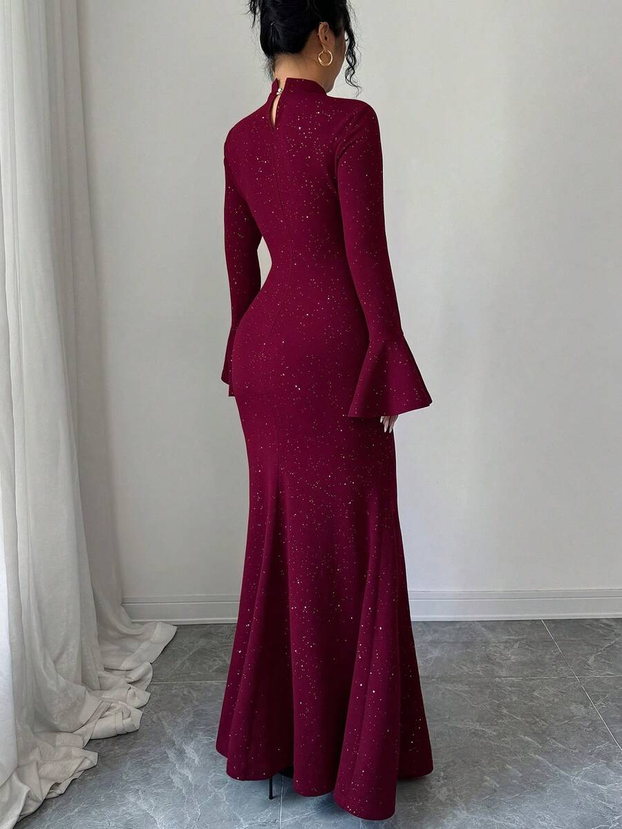 SHEIN Elenzga فستان عنابي بنسيج معدني مجعد وأكمام واسعة