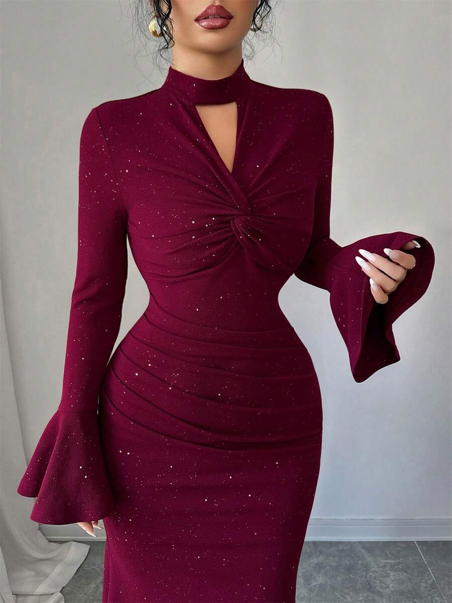 SHEIN Elenzga فستان عنابي بنسيج معدني مجعد وأكمام واسعة