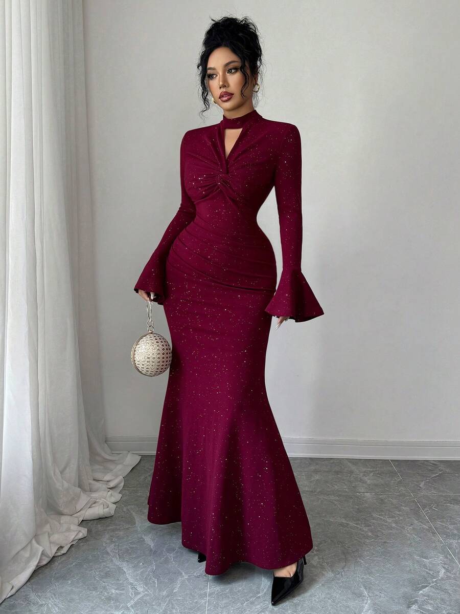 SHEIN Elenzga فستان عنابي بنسيج معدني مجعد وأكمام واسعة