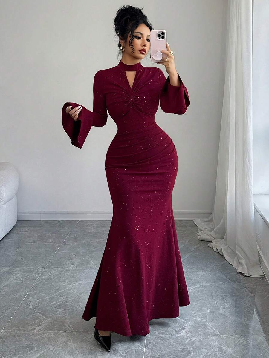 SHEIN Elenzga فستان عنابي بنسيج معدني مجعد وأكمام واسعة