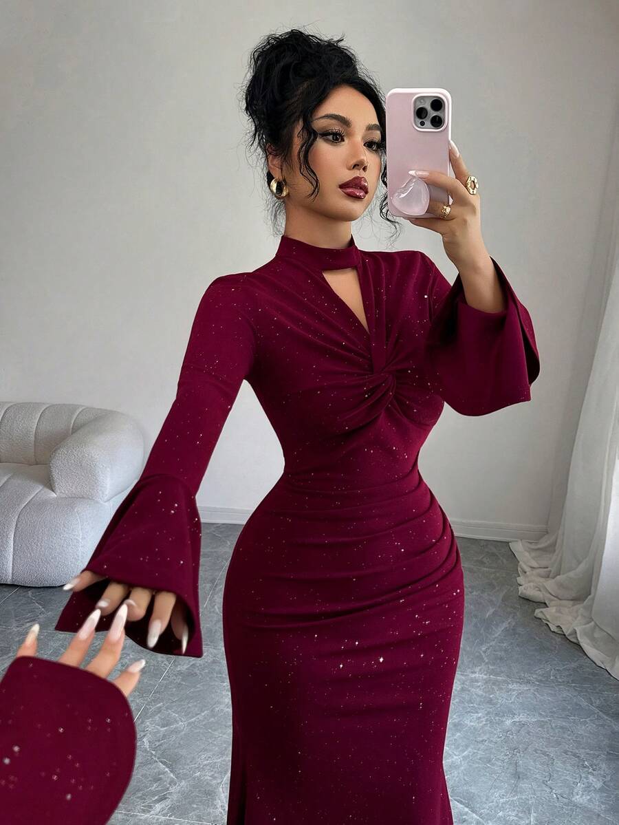 SHEIN Elenzga فستان عنابي بنسيج معدني مجعد وأكمام واسعة