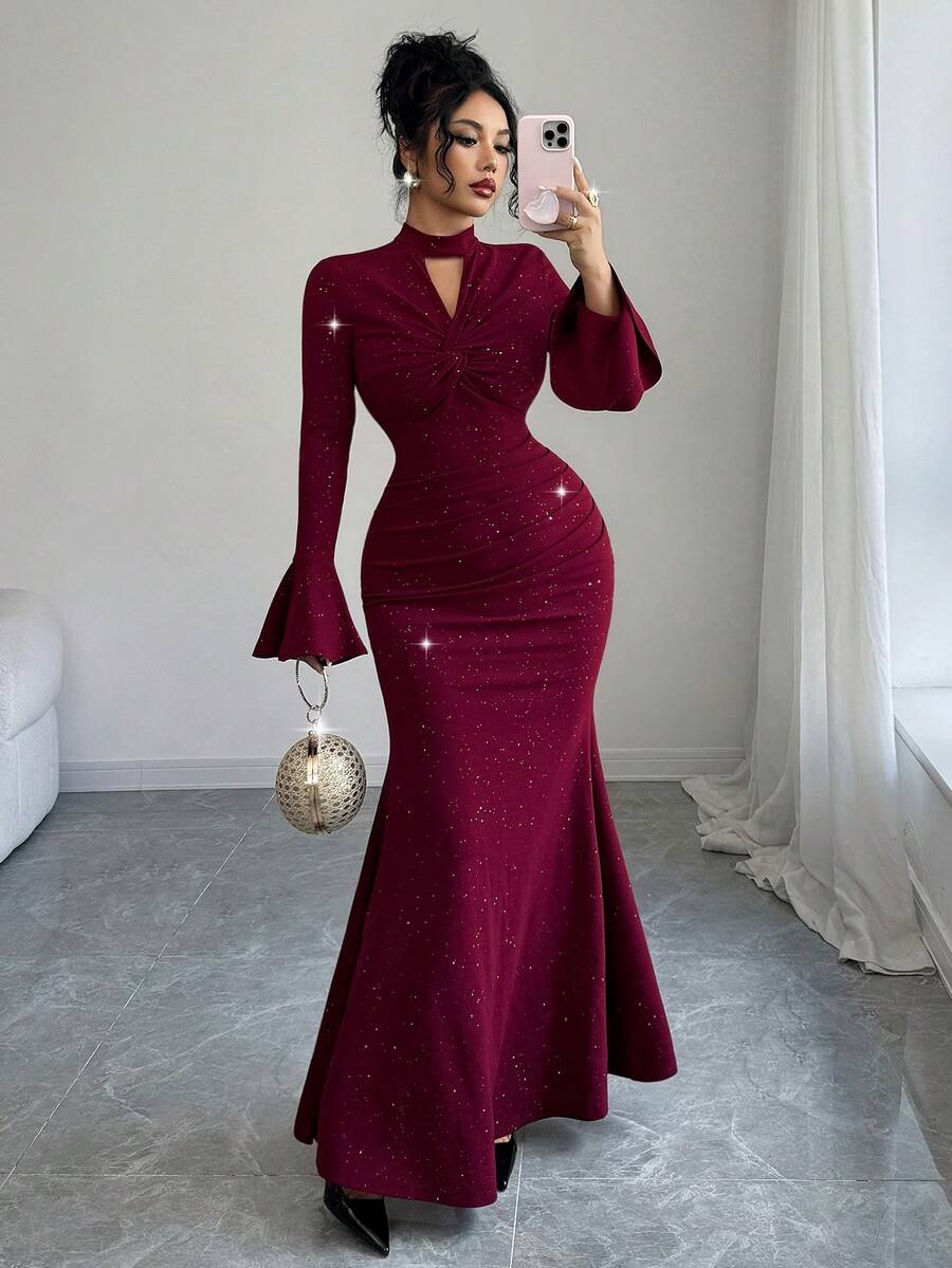 SHEIN Elenzga فستان عنابي بنسيج معدني مجعد وأكمام واسعة
