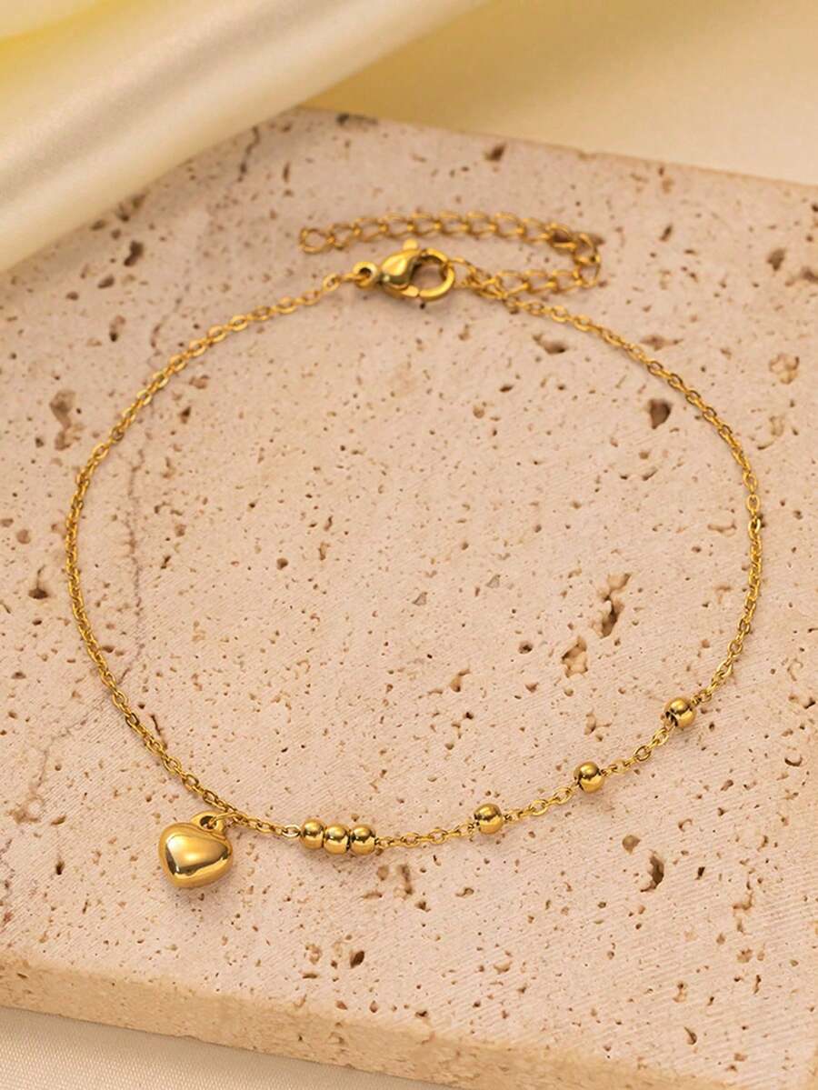 SHEIN سوار كاحل خرزي من الفولاذ المقاوم للصدأ بشكل قلب