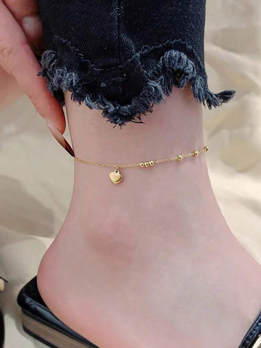 SHEIN سوار كاحل خرزي من الفولاذ المقاوم للصدأ بشكل قلب