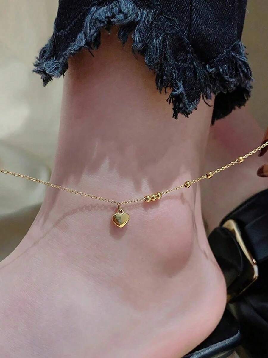 SHEIN سوار كاحل خرزي من الفولاذ المقاوم للصدأ بشكل قلب