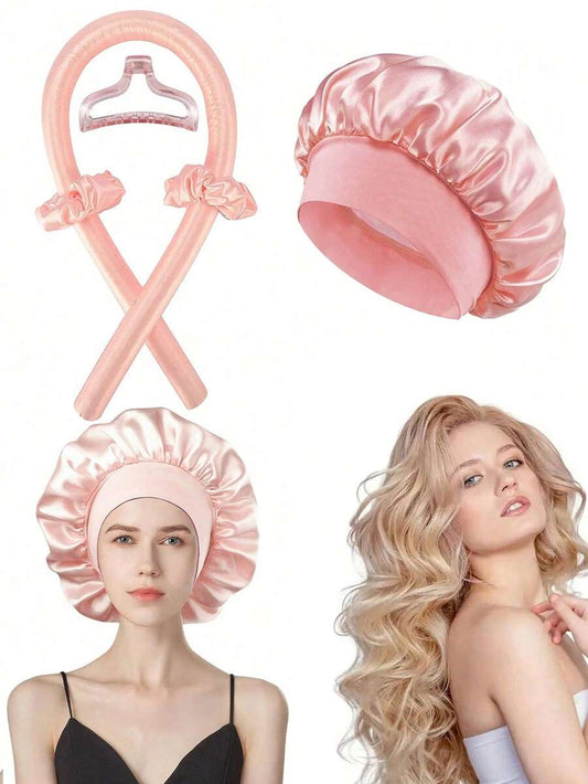 SHEIN مجموعة تجعيد شعر بدون حرارة 5 قطع مع قبعة ساتان للنوم ومشابك وربطات