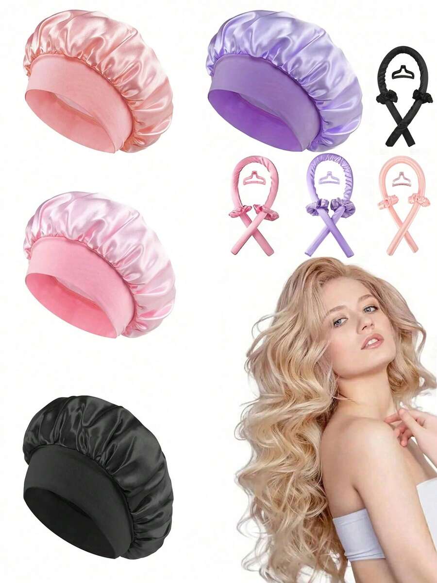 SHEIN مجموعة تجعيد شعر بدون حرارة 5 قطع مع قبعة ساتان للنوم ومشابك وربطات