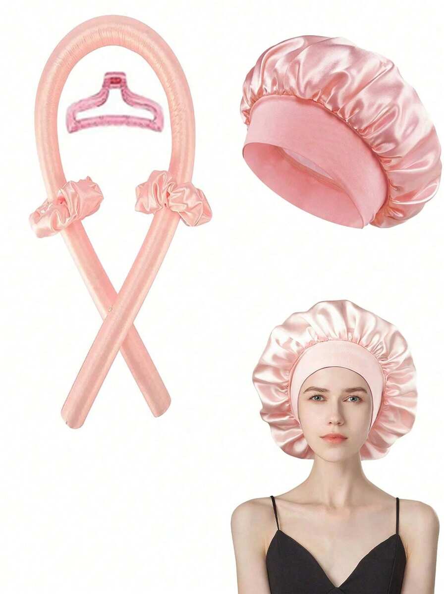 SHEIN مجموعة تجعيد شعر بدون حرارة 5 قطع مع قبعة ساتان للنوم ومشابك وربطات