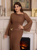 SHEIN MOD فستان بني للمقاسات الكبيرة بأكمام أوف شولدر وقصة ذيل السمكة