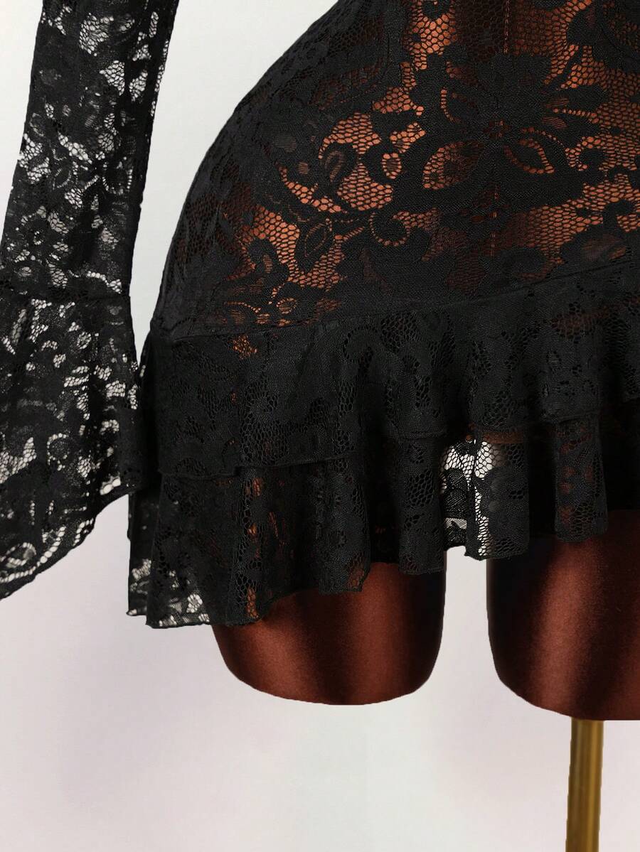 SHEIN فستان أسود قصير شفاف منخفض القصة بطراز هيبي