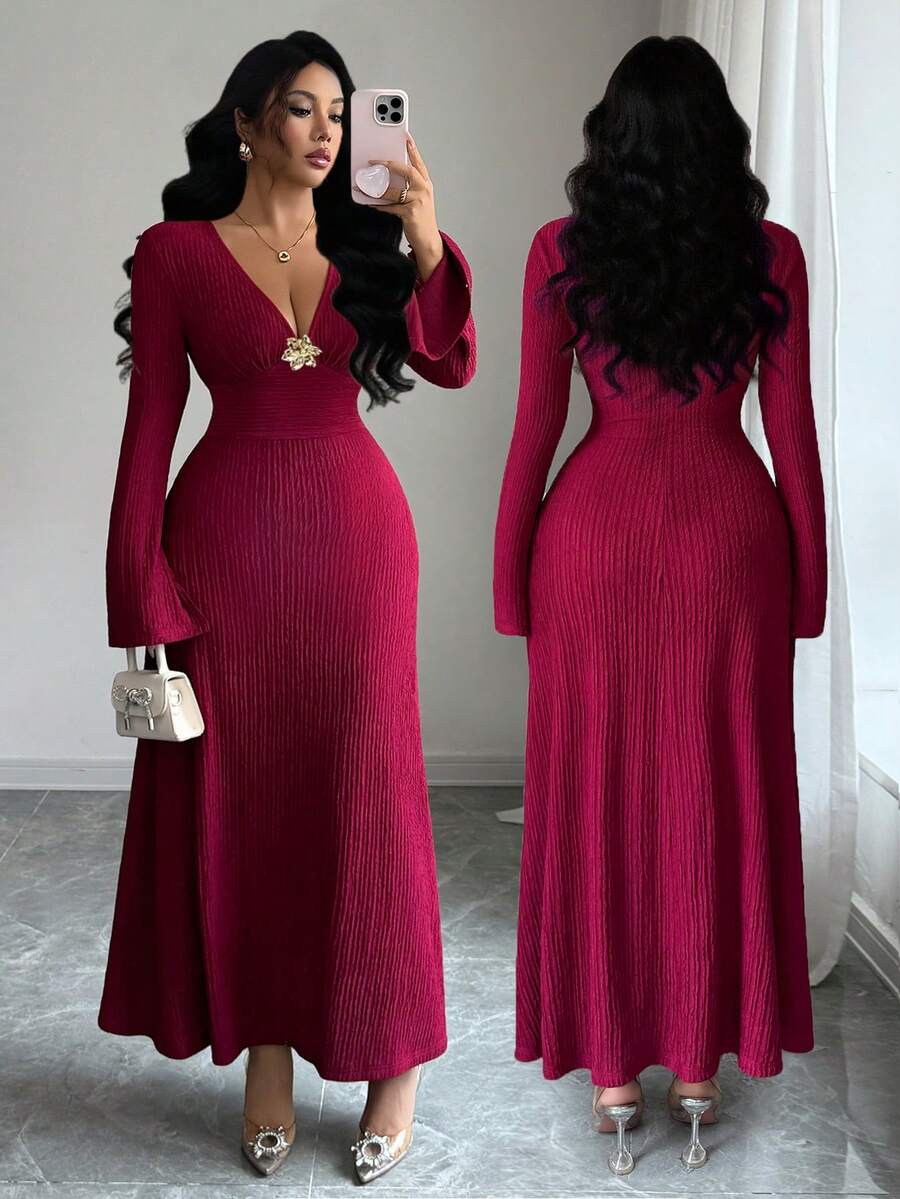 SHEIN Elenzga فستان عنابي متوسط الطول بأكمام واسعة