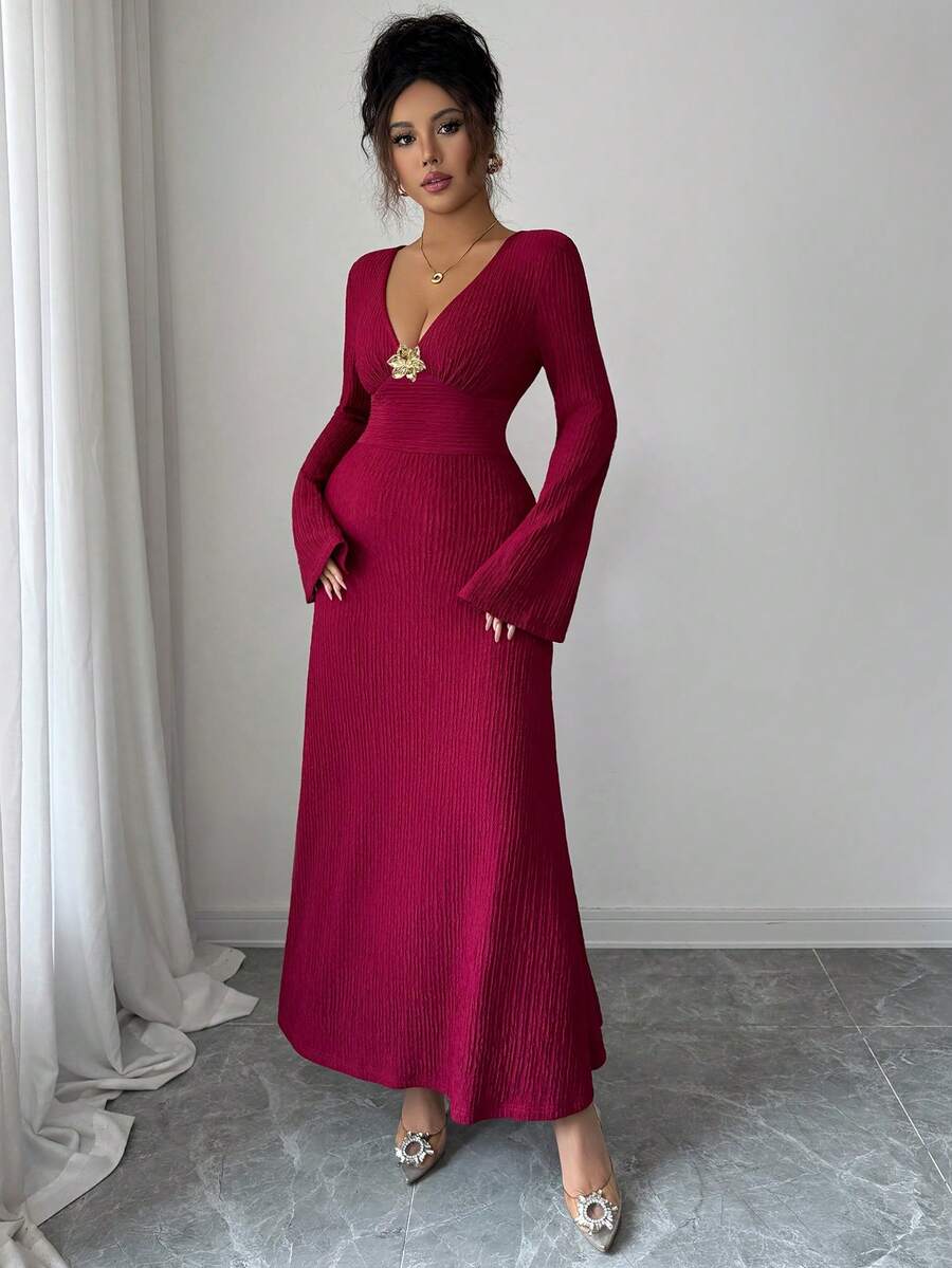 SHEIN Elenzga فستان عنابي متوسط الطول بأكمام واسعة