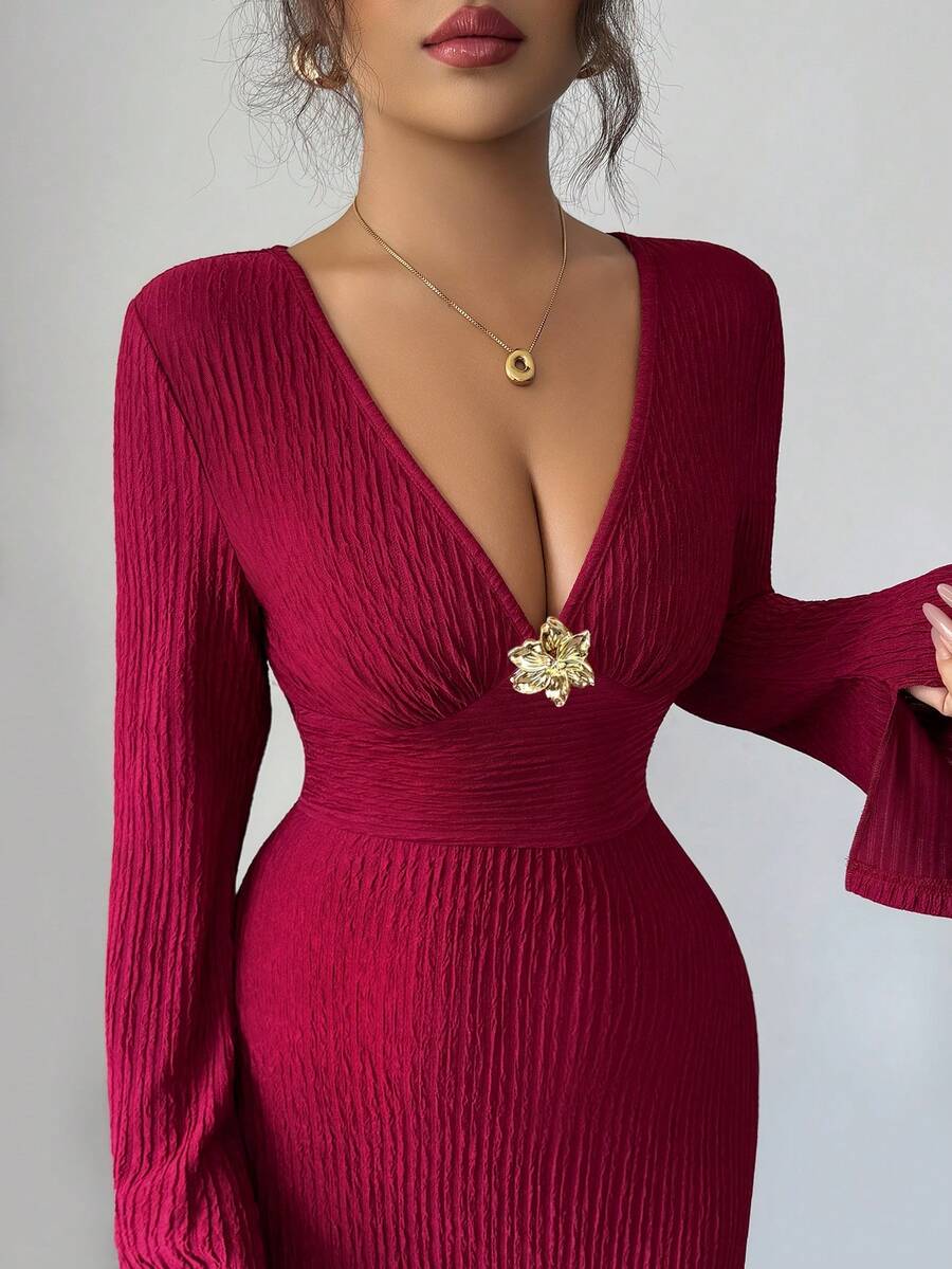 SHEIN Elenzga فستان عنابي متوسط الطول بأكمام واسعة