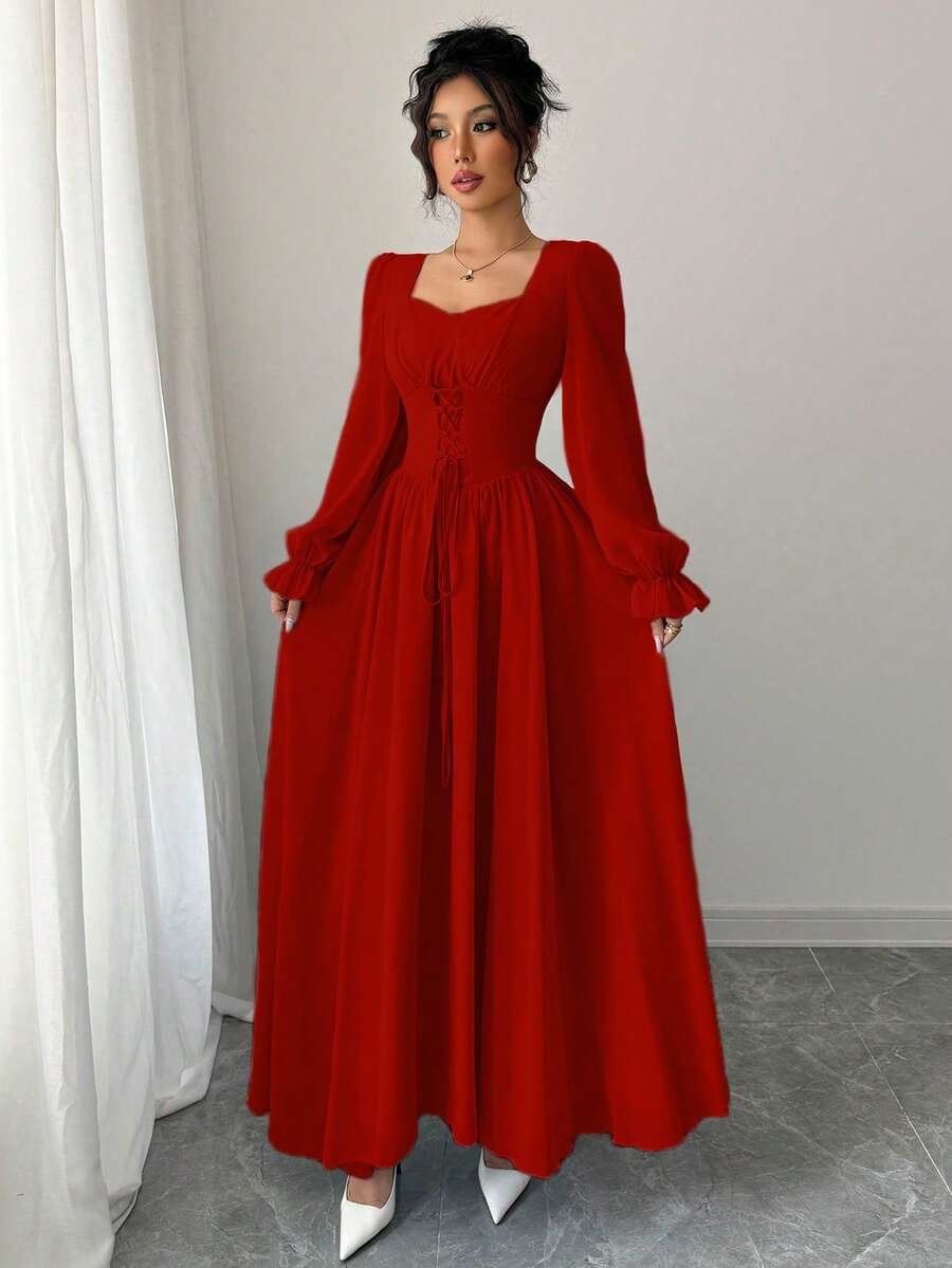 SHEIN Modelyn فستان أحمر برقبة بشكل قلب بأكمام طويلة وخصر مربوط