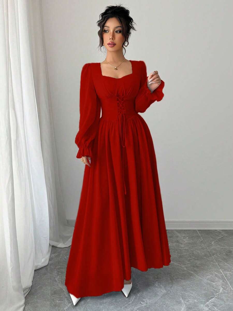 SHEIN Modelyn فستان أحمر برقبة بشكل قلب بأكمام طويلة وخصر مربوط