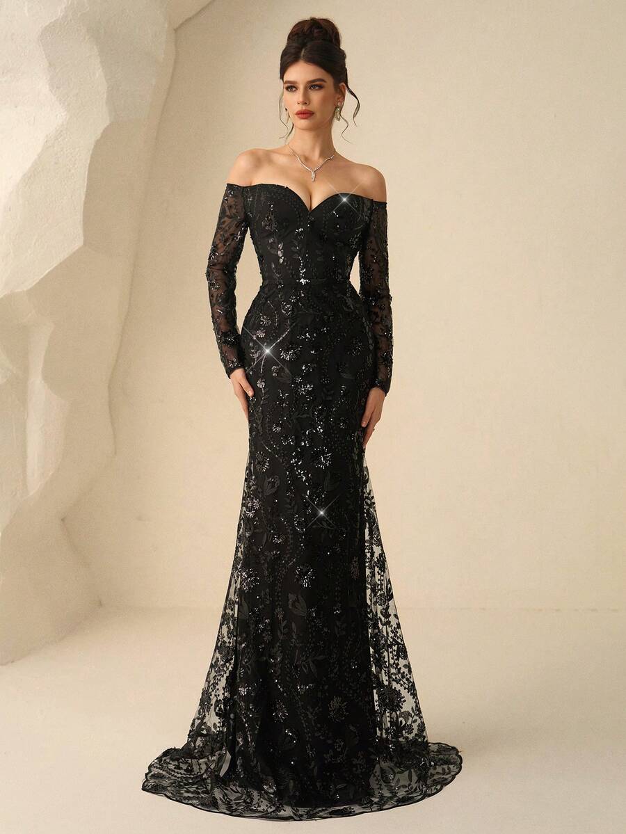 SHEIN Coutiva فستان سهرة أسود بأكمام طويلة بتصميم تنورة بشكل ذيل سمكة