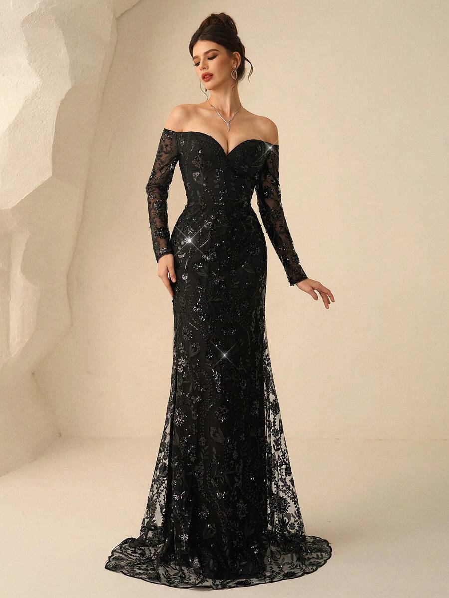 SHEIN Coutiva فستان سهرة أسود بأكمام طويلة بتصميم تنورة بشكل ذيل سمكة