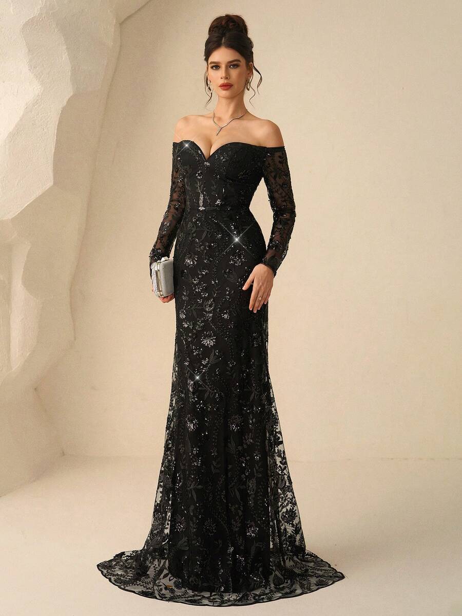 SHEIN Coutiva فستان سهرة أسود بأكمام طويلة بتصميم تنورة بشكل ذيل سمكة