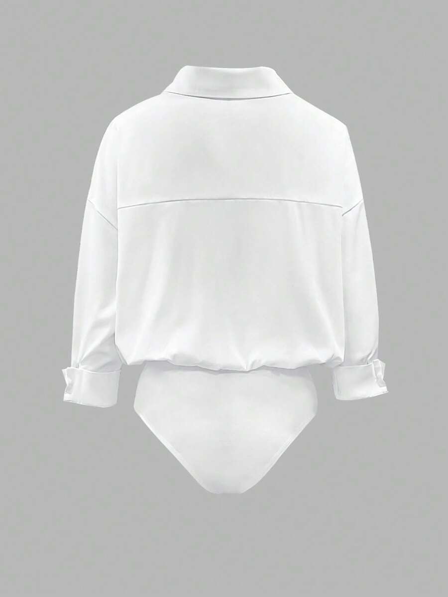 SHEIN INAWLY بودي سوت قميص نسائي أبيض أنيق بأكمام طويلة وقصة واسعة من