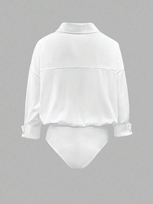 SHEIN INAWLY بودي سوت قميص نسائي أبيض أنيق بأكمام طويلة وقصة واسعة من