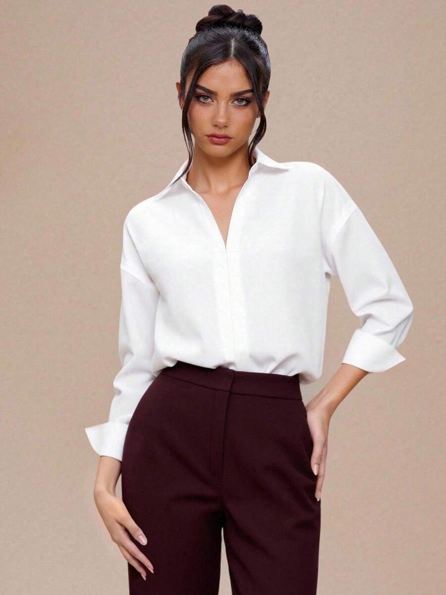 SHEIN INAWLY بودي سوت قميص نسائي أبيض أنيق بأكمام طويلة وقصة واسعة من