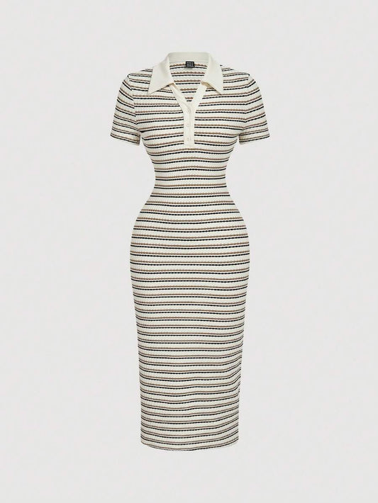 SHEIN MOD فستان متوسط الطول بطوق بولو مخطط