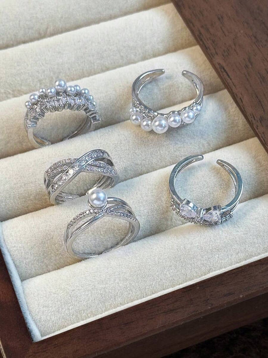 SHEIN طقم 5 خواتم نحاسية قابلة للتعديل بخرز وزركونيا مزدوجة