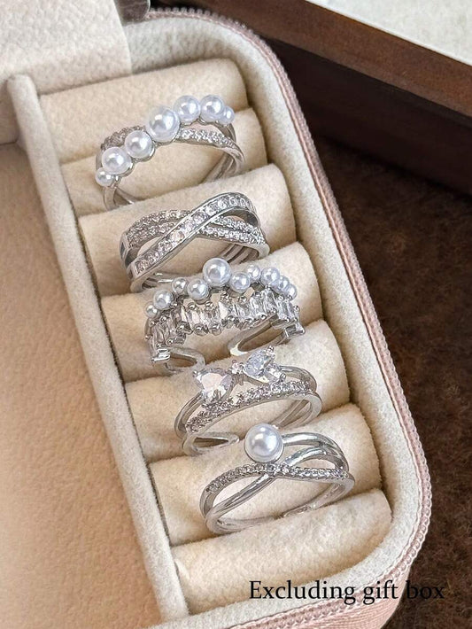 SHEIN طقم 5 خواتم نحاسية قابلة للتعديل بخرز وزركونيا مزدوجة