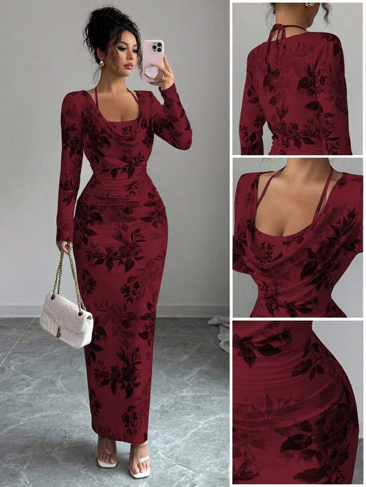SHEIN Elenzga فستان عنابي ضيق بطبعة زهور وكشكشة على الخصر
