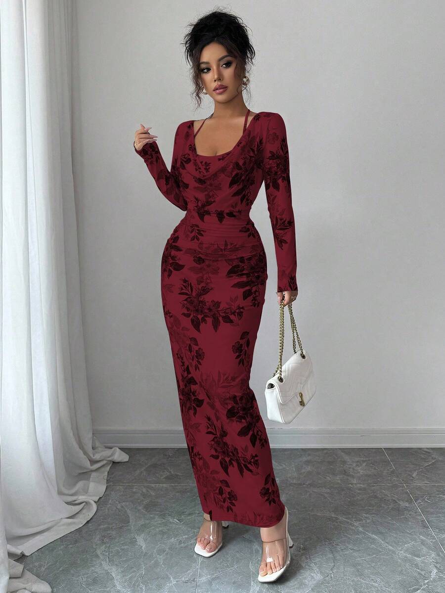 SHEIN Elenzga فستان عنابي ضيق بطبعة زهور وكشكشة على الخصر