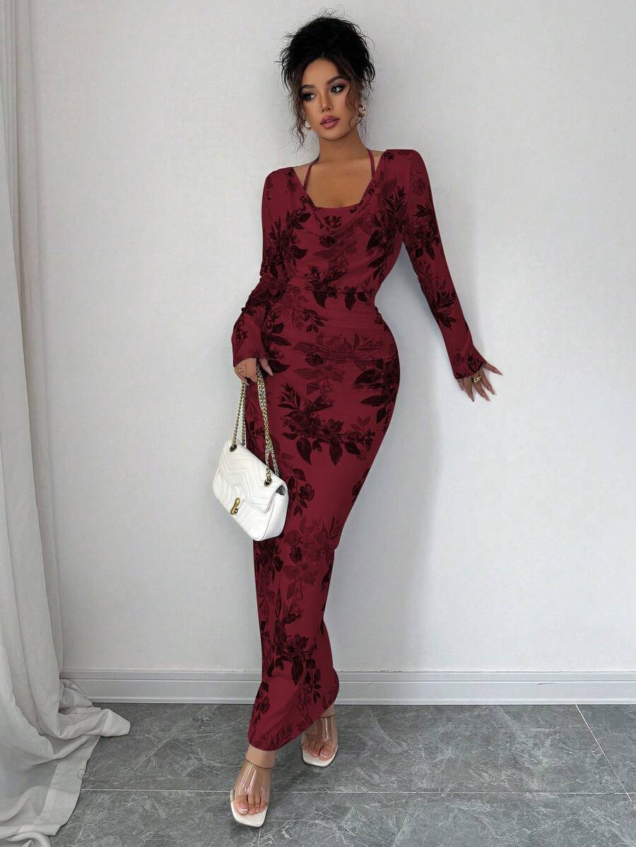 SHEIN Elenzga فستان عنابي ضيق بطبعة زهور وكشكشة على الخصر