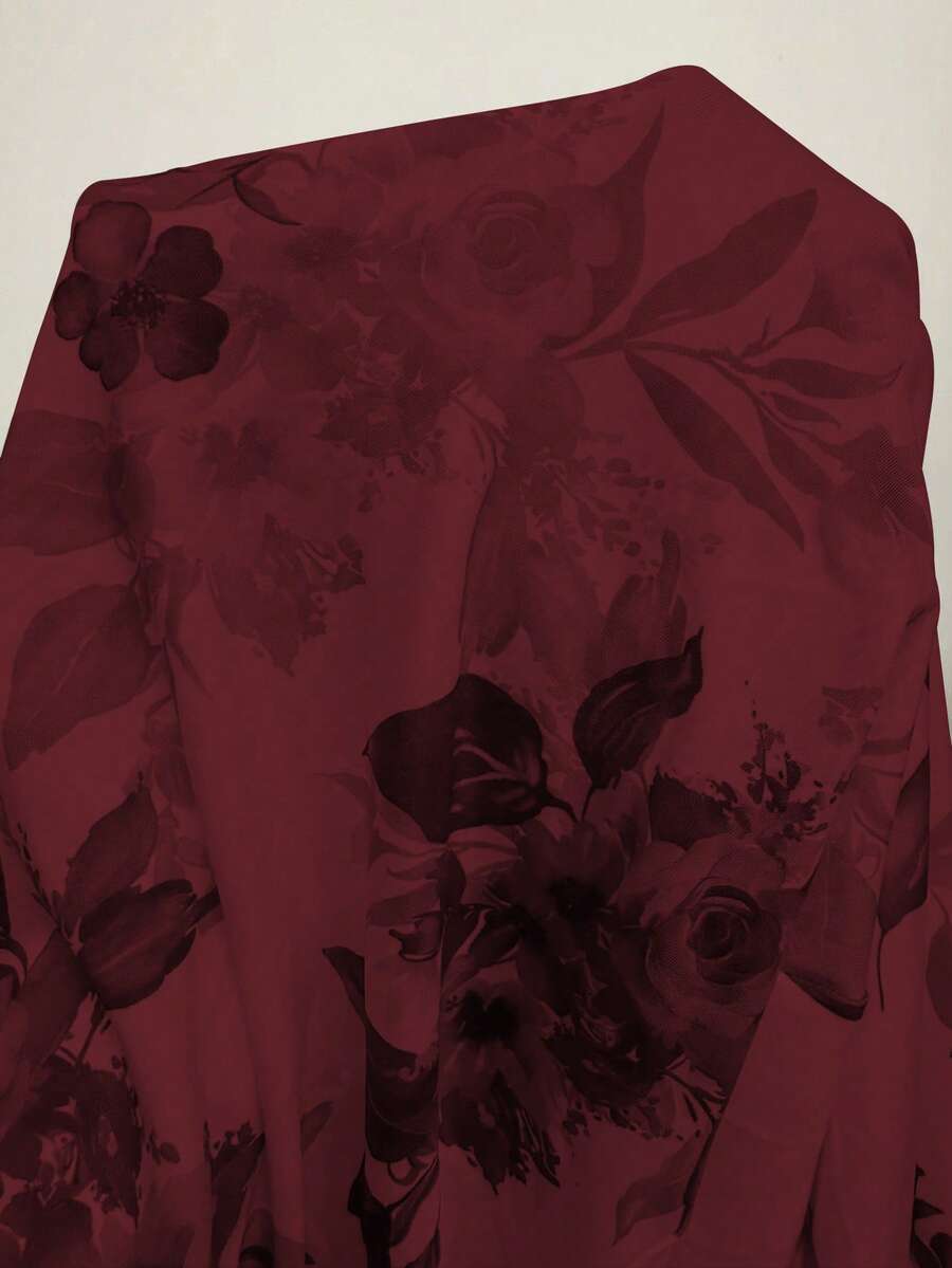 SHEIN Elenzga فستان عنابي ضيق بطبعة زهور وكشكشة على الخصر