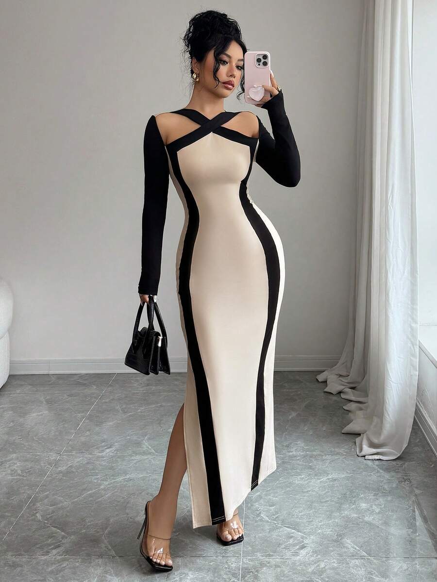 SHEIN Rafferiza فستان طويل الأكمام بخصر ضيق وياقة متقاطعة