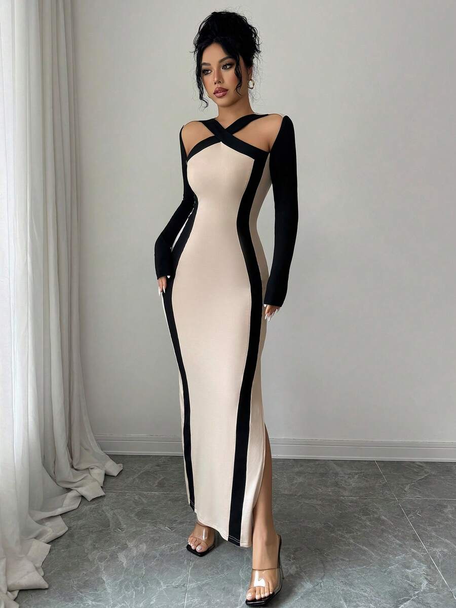 SHEIN Rafferiza فستان طويل الأكمام بخصر ضيق وياقة متقاطعة