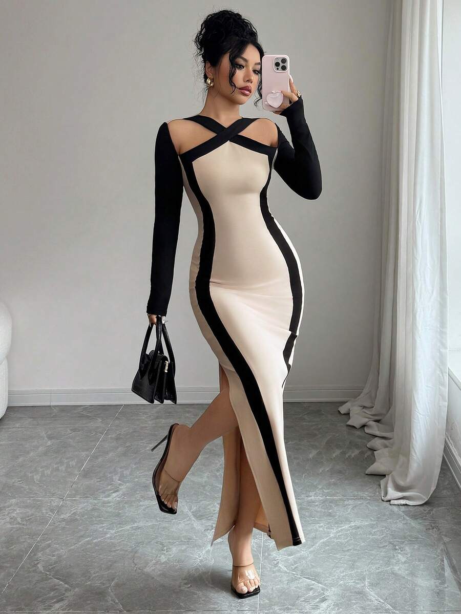 SHEIN Rafferiza فستان طويل الأكمام بخصر ضيق وياقة متقاطعة