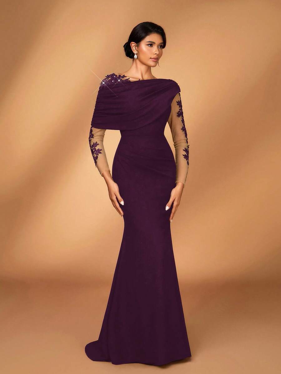 SHEIN Serin فستان سهرة من القماش الشبكي بكتف غير متماثل وقصة حورية