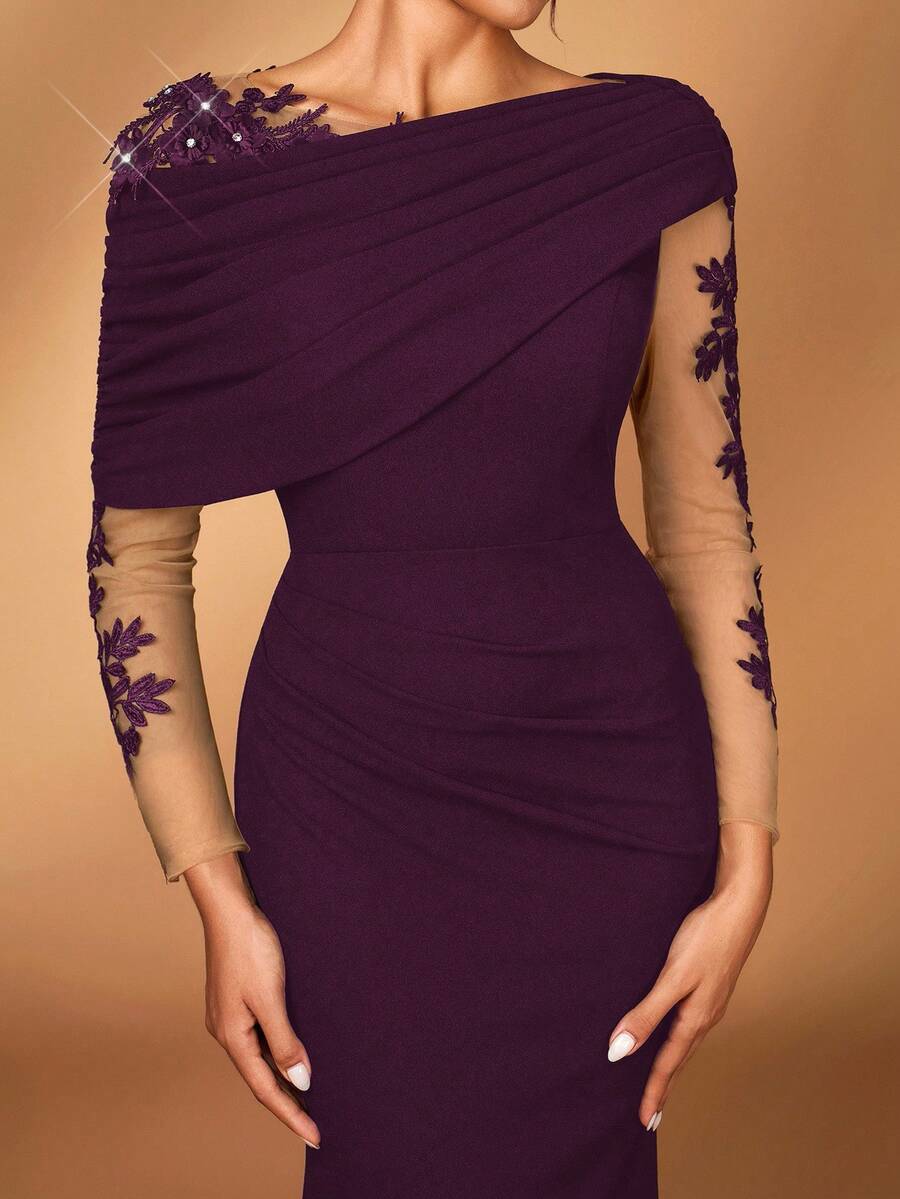 SHEIN Serin فستان سهرة من القماش الشبكي بكتف غير متماثل وقصة حورية