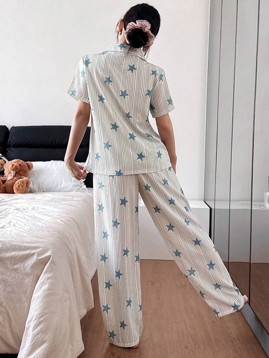 SHEIN بيجامة زرقاء كاردجان كاجوال بياقة وأشرطة نجمية