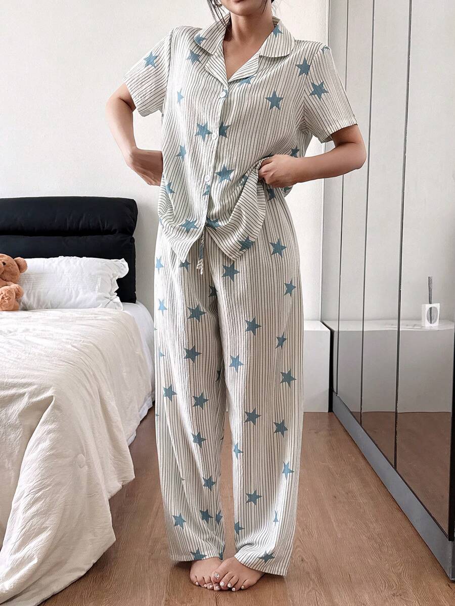 SHEIN بيجامة زرقاء كاردجان كاجوال بياقة وأشرطة نجمية