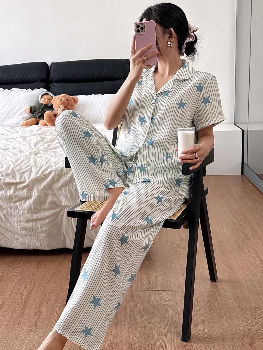 SHEIN بيجامة زرقاء كاردجان كاجوال بياقة وأشرطة نجمية