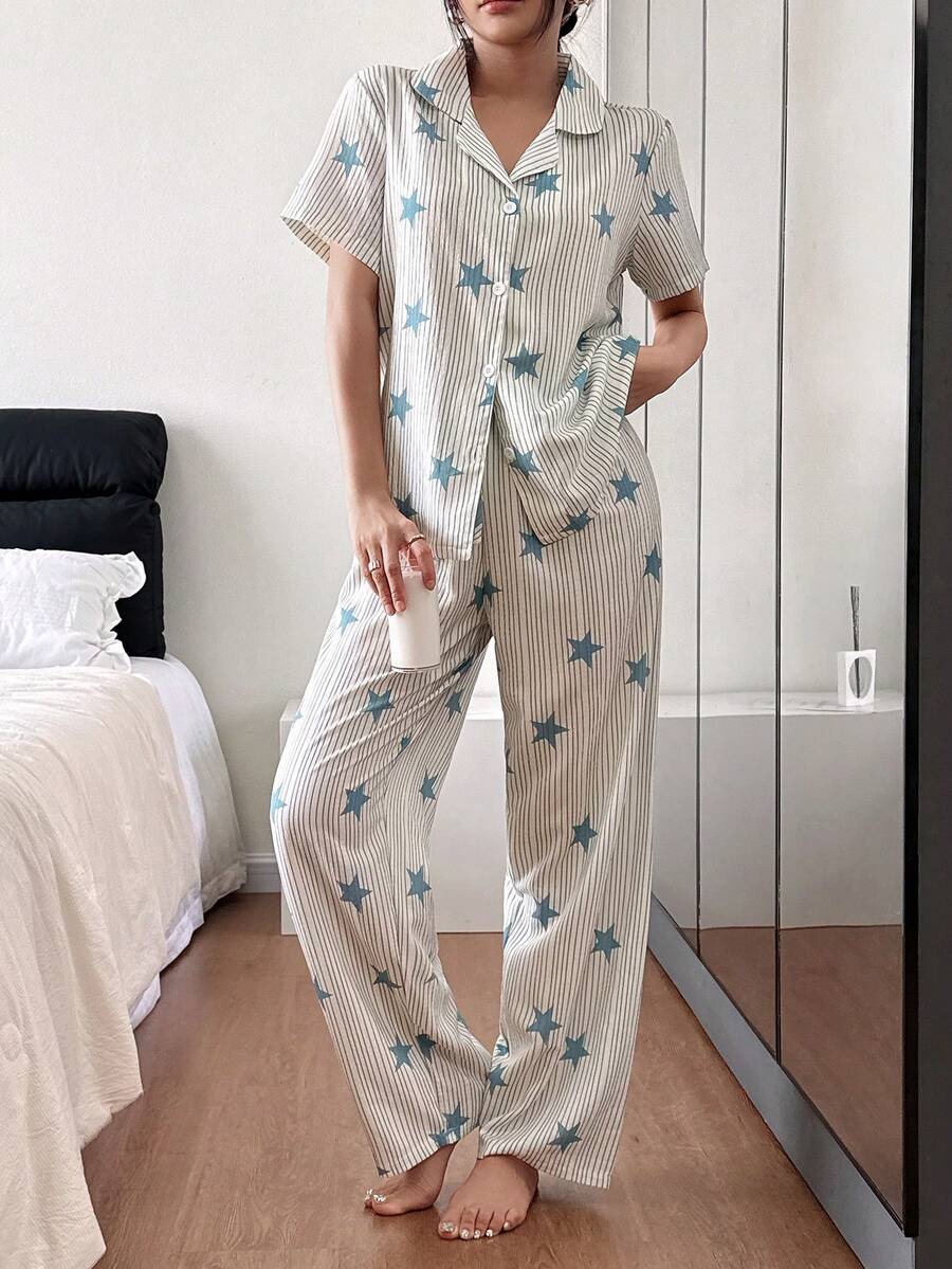 SHEIN بيجامة زرقاء كاردجان كاجوال بياقة وأشرطة نجمية