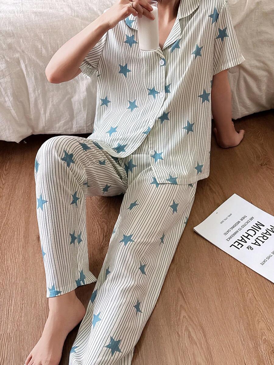 SHEIN بيجامة زرقاء كاردجان كاجوال بياقة وأشرطة نجمية