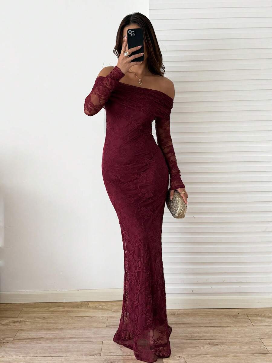 SHEIN SunnyBelle فستان عنابي أنيق