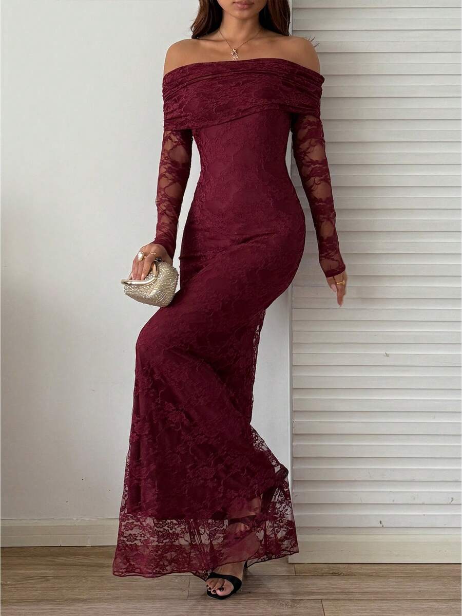 SHEIN SunnyBelle فستان عنابي أنيق