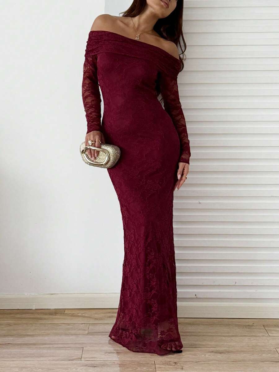 SHEIN SunnyBelle فستان عنابي أنيق