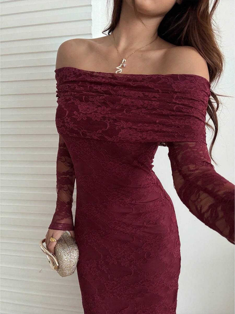 SHEIN SunnyBelle فستان عنابي أنيق