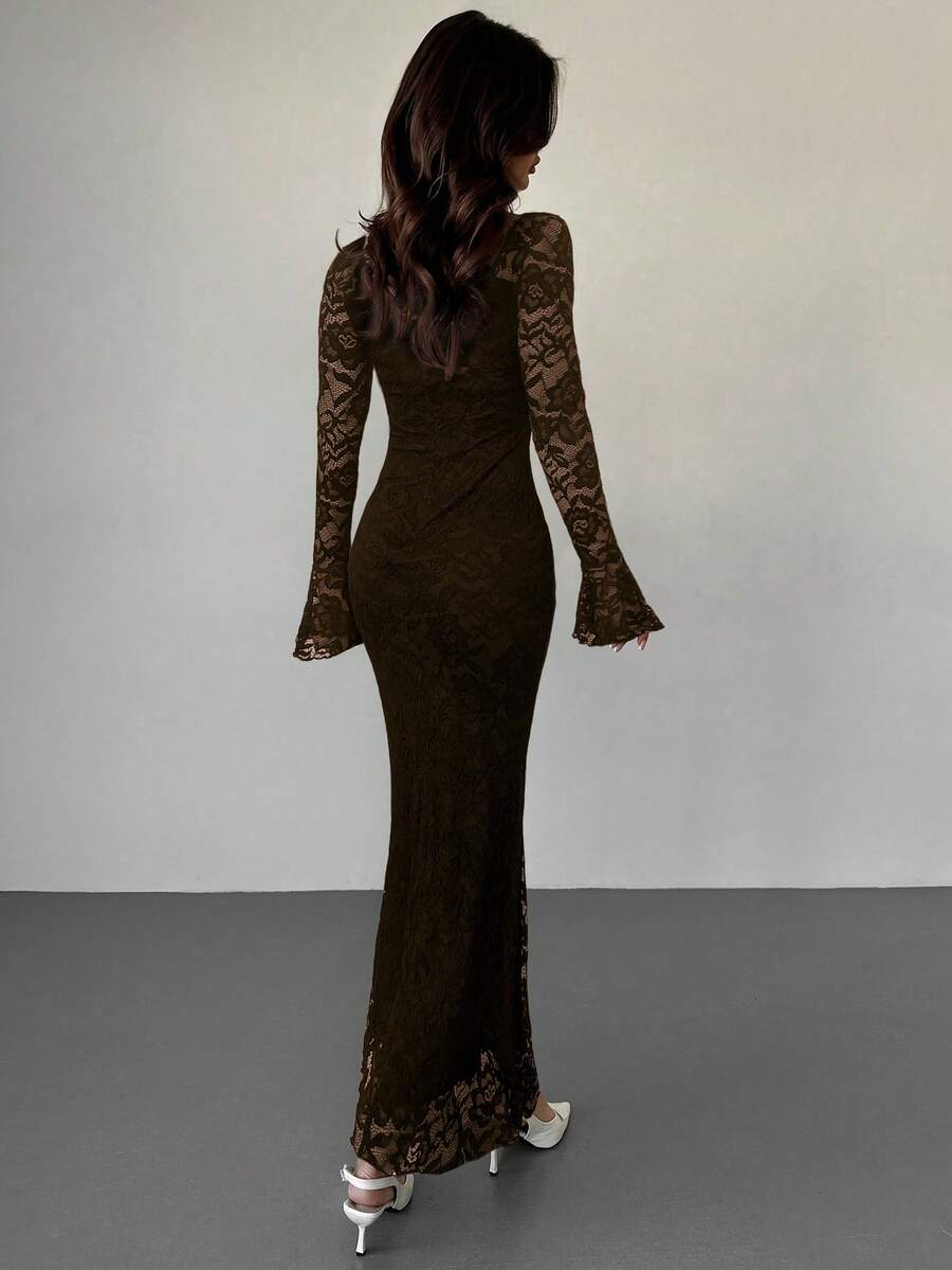 SHEIN Firerie فستان بياقة مربعة وتفاصيل دانتيل وكشكشة وأكمام واسعة