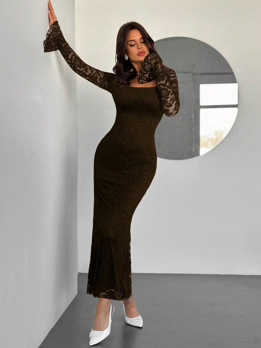 SHEIN Firerie فستان بياقة مربعة وتفاصيل دانتيل وكشكشة وأكمام واسعة