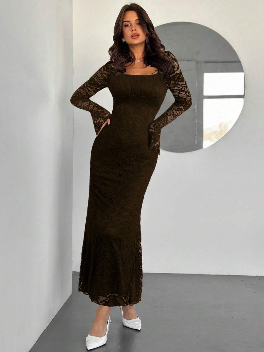 SHEIN Firerie فستان بياقة مربعة وتفاصيل دانتيل وكشكشة وأكمام واسعة