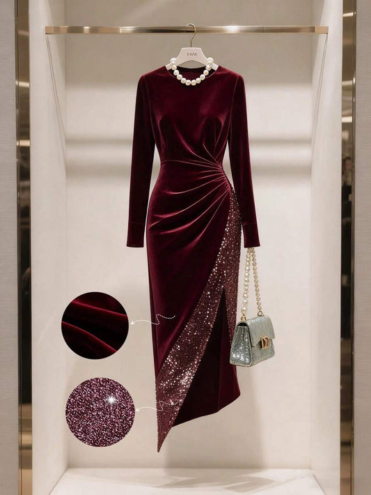 SHEIN GlowEve فستان عنابي بأكمام طويلة بطراز فرنسي كلاسيكي